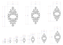 Load image into Gallery viewer, a series of ornate, decorative designs or patterns, each accompanied by a set of measurements in centimeters. The designs are arranged in a grid format, with each row representing a different design and each column representing a different measurement. The image does not contain any text or additional elements that would require a more detailed description.
