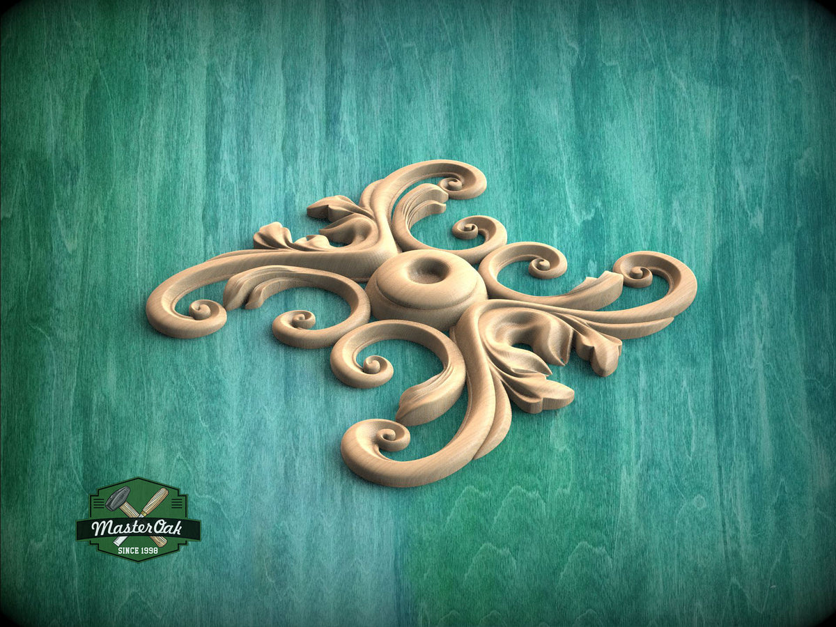 A decorative wooden carving in the shape of a flower or plant, with intricate swirls and curves, is displayed against a teal-colored background.