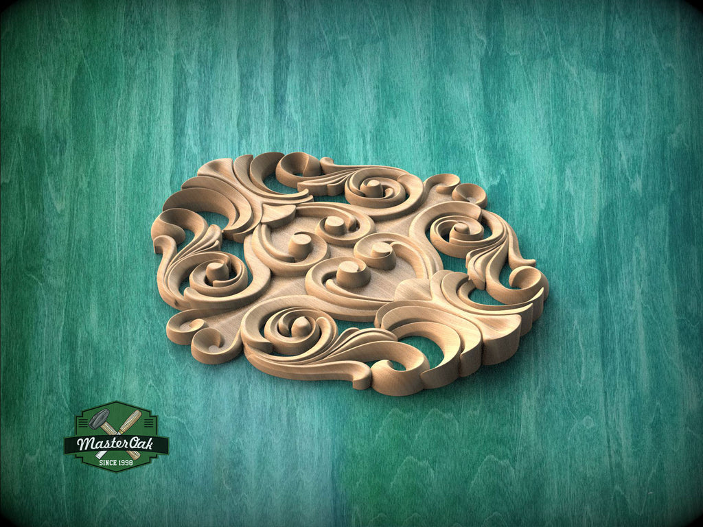 A decorative wooden carving with intricate swirls and curves is displayed against a green background.