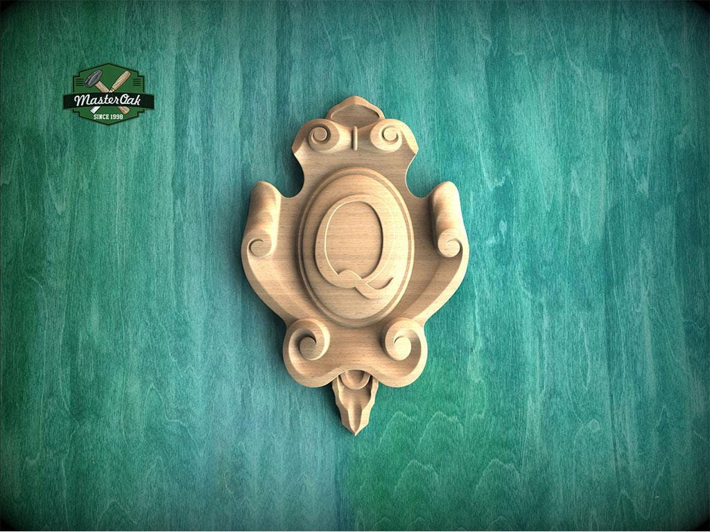 Personalized Noble Emblem: Ornate Wooden Cartouche Onlay, Unpainted, 1pc, Home Wall Embellishments, Furniture Carving