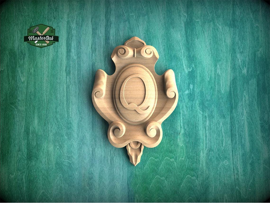 Personalized Noble Emblem: Ornate Wooden Cartouche Onlay, Unpainted, 1pc, Home Wall Embellishments, Furniture Carving