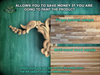 The image is a promotional advertisement for Master Oak, a company that specializes in painting wooden products. It features a close-up of a wooden carving and a sample of multi-toned wood, along with text providing information about the products.