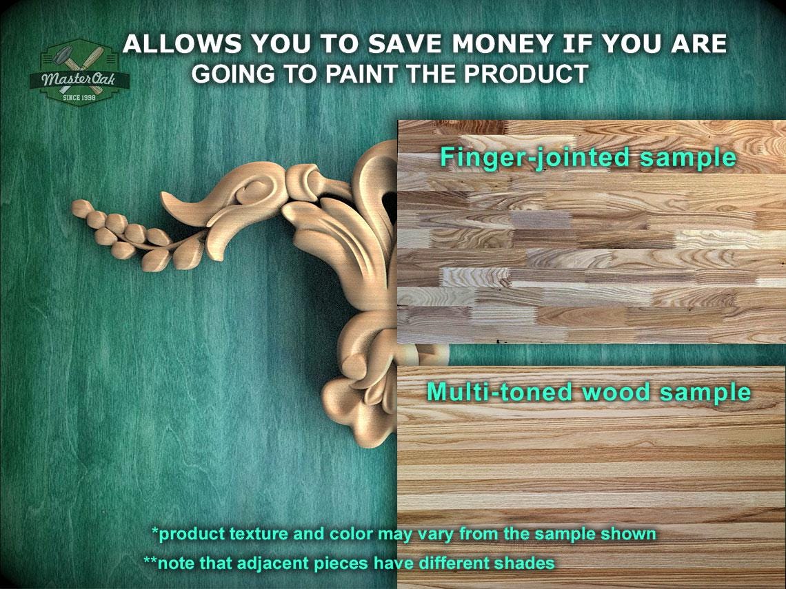 The image is a promotional advertisement for Master Oak, a company that specializes in painting wooden products. It features a close-up of a wooden carving and a sample of multi-toned wood, along with text providing information about the products.