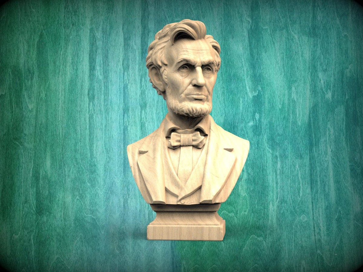 A bust of Abraham Lincoln, a famous American president, is displayed against a green wooden background.