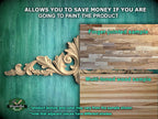 The image is a collage of two wood samples, one with a decorative carved design and the other with a multi-toned wood sample. The collage is titled "Allowing You to Save Money If You Are Going to Paint the Product" and includes a finger-jointed sample and a multi-toned wood sample. The text indicates that the product texture and color may vary from the sample shown, and that adjacent pieces have different shades.