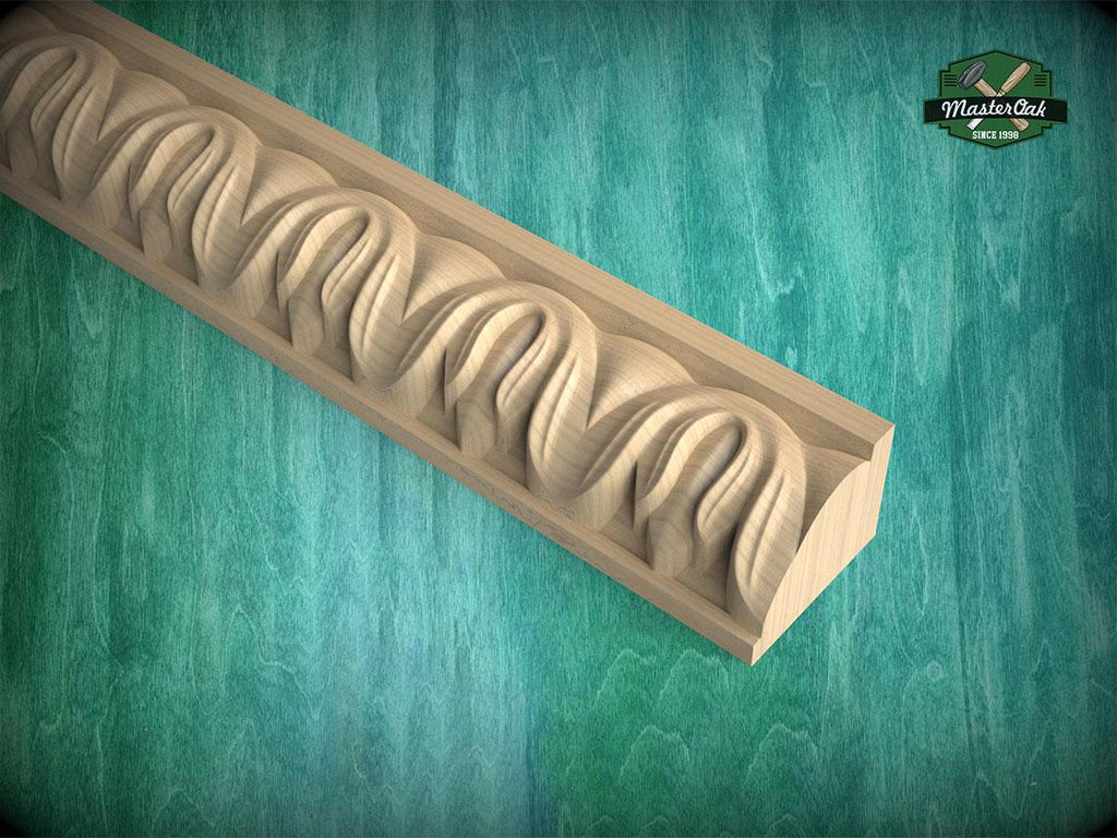 A wooden carving with a curved, organic design is displayed against a green background.