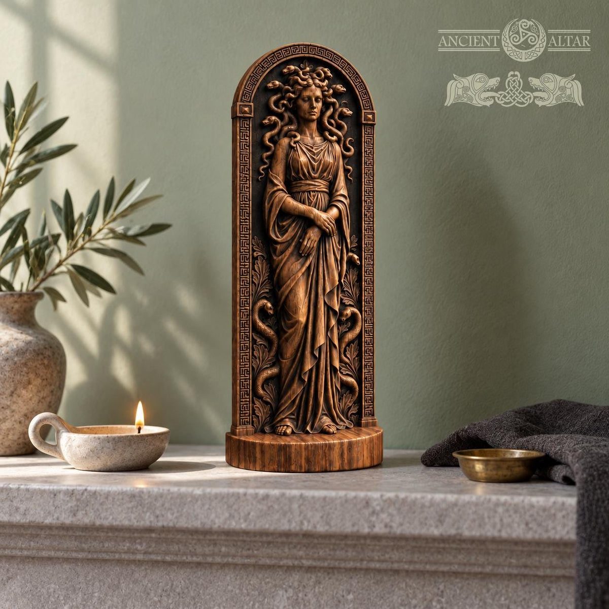 Medusa Wooden Statue, Greek Gorgon Figurine with Snakes, Ancient Mythology Sculpture, Dark Academia Decor, Pagan Altar Gift