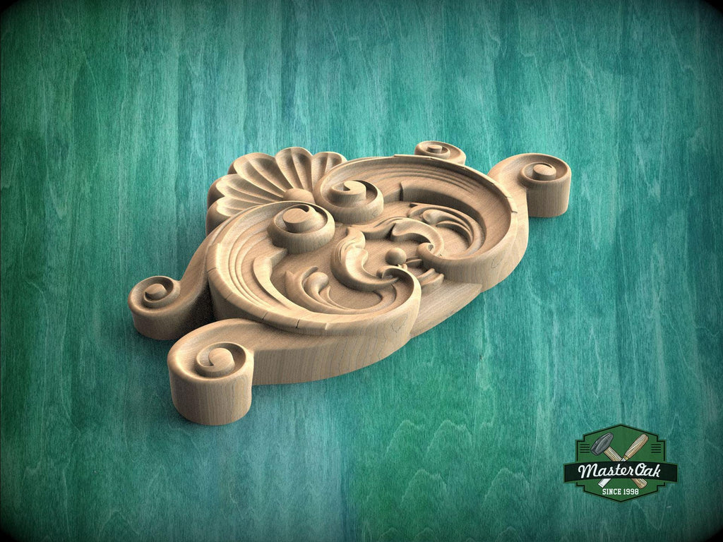 A wooden carving with intricate scrollwork is displayed against a green background.