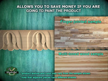 Load image into Gallery viewer, The image is a collage of two wood samples, one with a finger-joined sample and the other with a multi-toned wood sample. The text above the samples states that the product allows you to save money if you are going to paint the product. The samples are labeled with their respective names, and the text below the samples provides information about the product texture and color, noting that the product texture and color may vary from the sample shown and that adjacent pieces have different shades.
