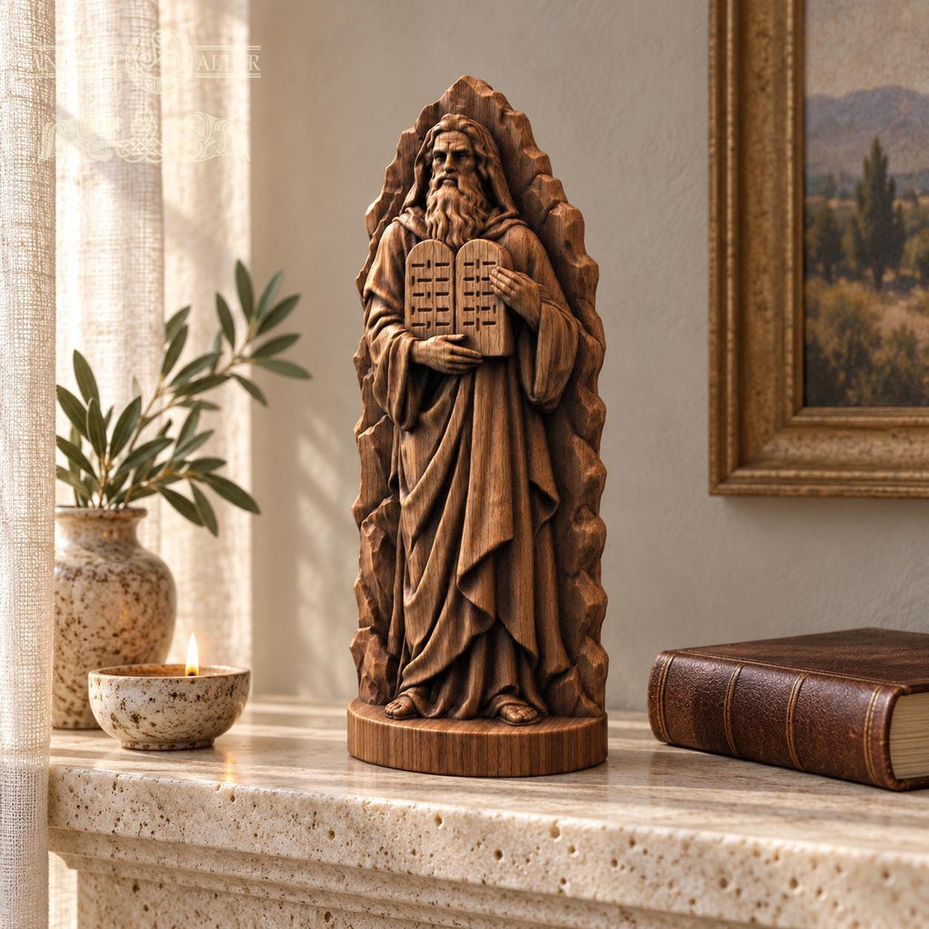 Moses Statue with Rocky Backdrop, Oak Wood Ten Commandments Sculpture, Biblical Prophet Figurine, Judaica Decor, Religious Gift