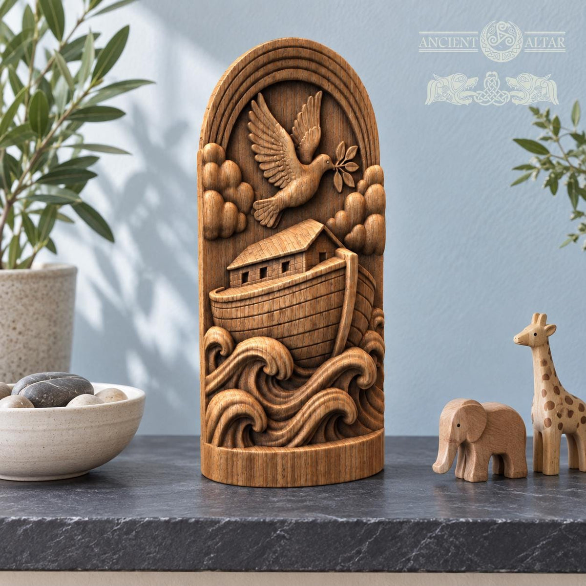 Noah's Ark Wood Sculpture with Dove and Rainbow, Solid Oak Biblical Relief, Judaica Home Decor, Religious Housewarming Gift