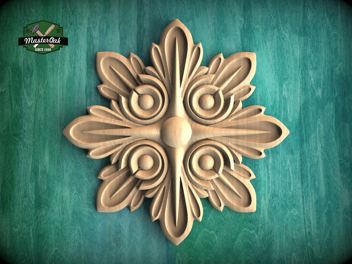 Ornate Leaf Medallion: Wooden Rosette Onlay, 1 piece, Unpainted, Home Wall Embellishments, Round Wooden Trims, Wood Wall Art Decor