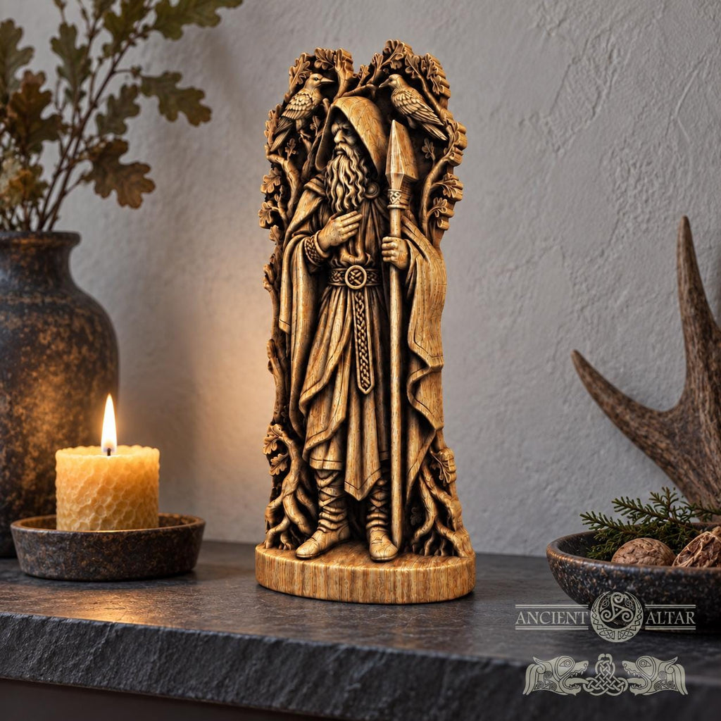 Hooded Odin Wooden Statue with Ravens, Norse Wanderer Figurine, Wotan Viking Sculpture, Pagan Altar Decor, Gungnir Gift