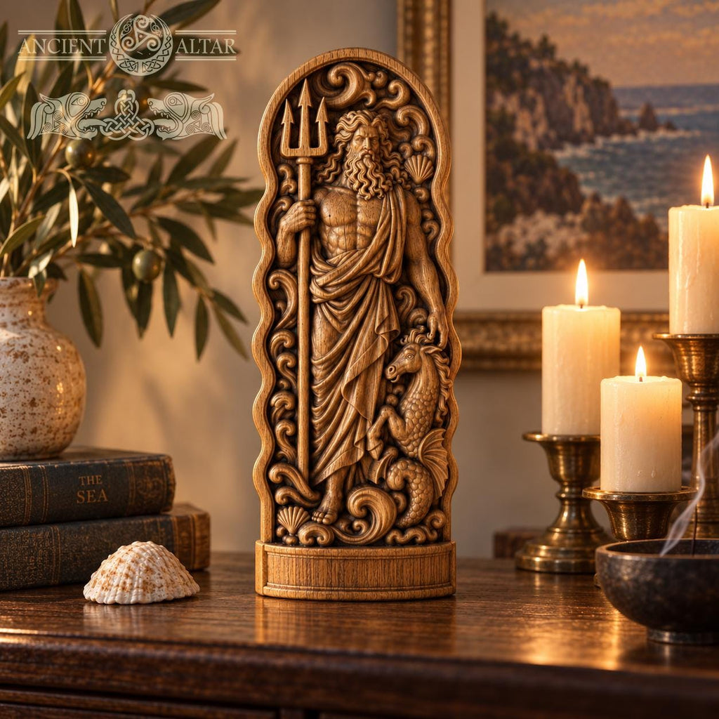 Neptune Wooden Statue, Roman Sea God Figurine, Poseidon Sculpture with Trident, Pagan Altar Decor, Ancient Mythology Gift