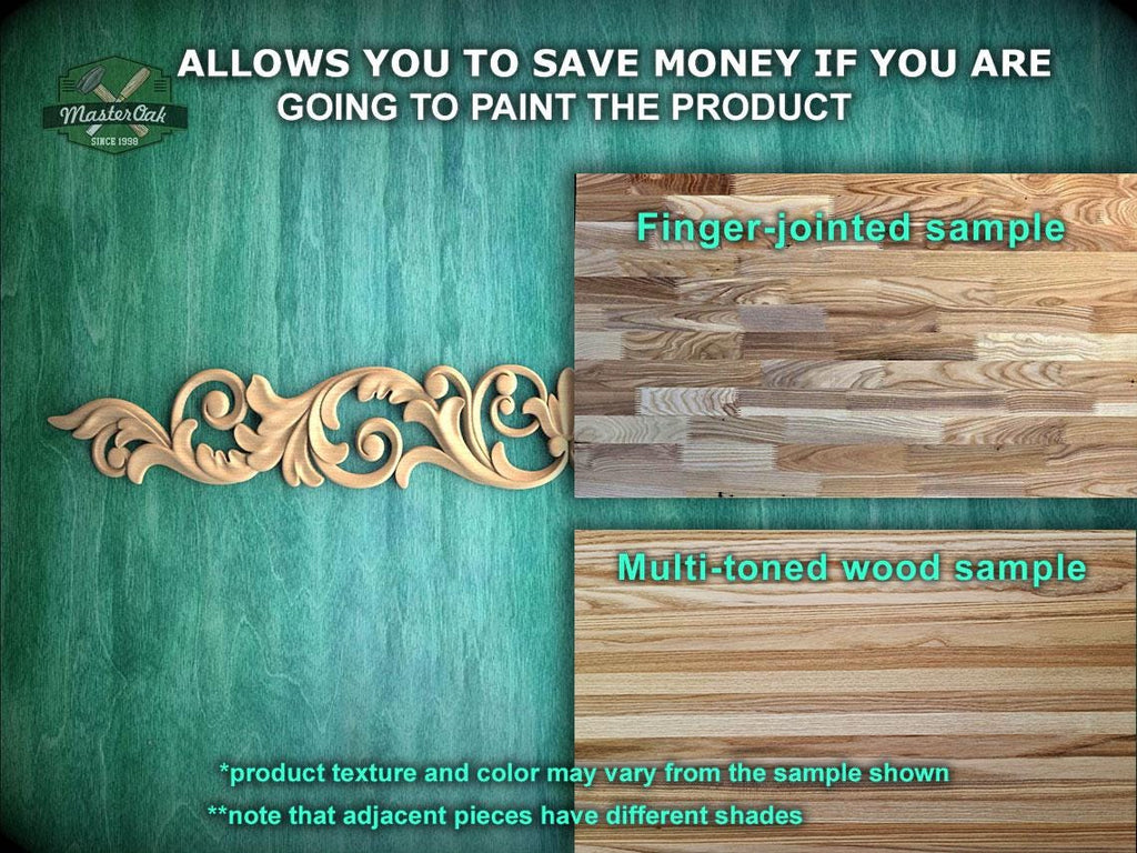 The image is a promotional image for Master Oak, a company that specializes in painting products. It features a wooden panel with a decorative design and a sample of multi-toned wood, along with text that provides information about the product.