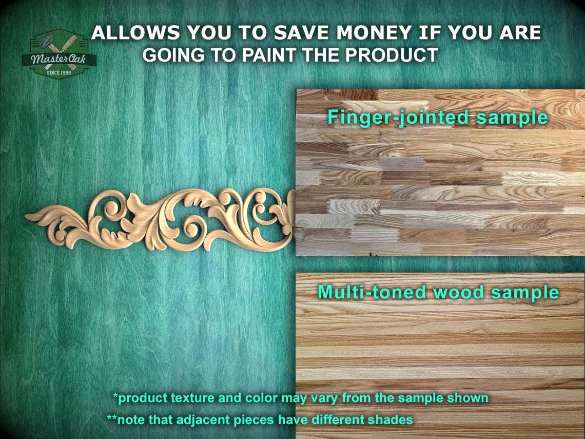 The image is a promotional image for Master Oak, a company that specializes in painting products. It features a wooden panel with a decorative design and a sample of multi-toned wood, along with text that provides information about the product.