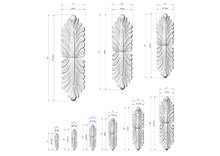 Load image into Gallery viewer, a collection of white, leaf-like sculptures with varying sizes, each accompanied by a set of measurements in millimeters. The sculptures are arranged in a grid-like pattern, with the largest ones at the top and the smallest ones at the bottom. The measurements are provided in a scale that allows for accurate comparison of the sizes of the sculptures.
