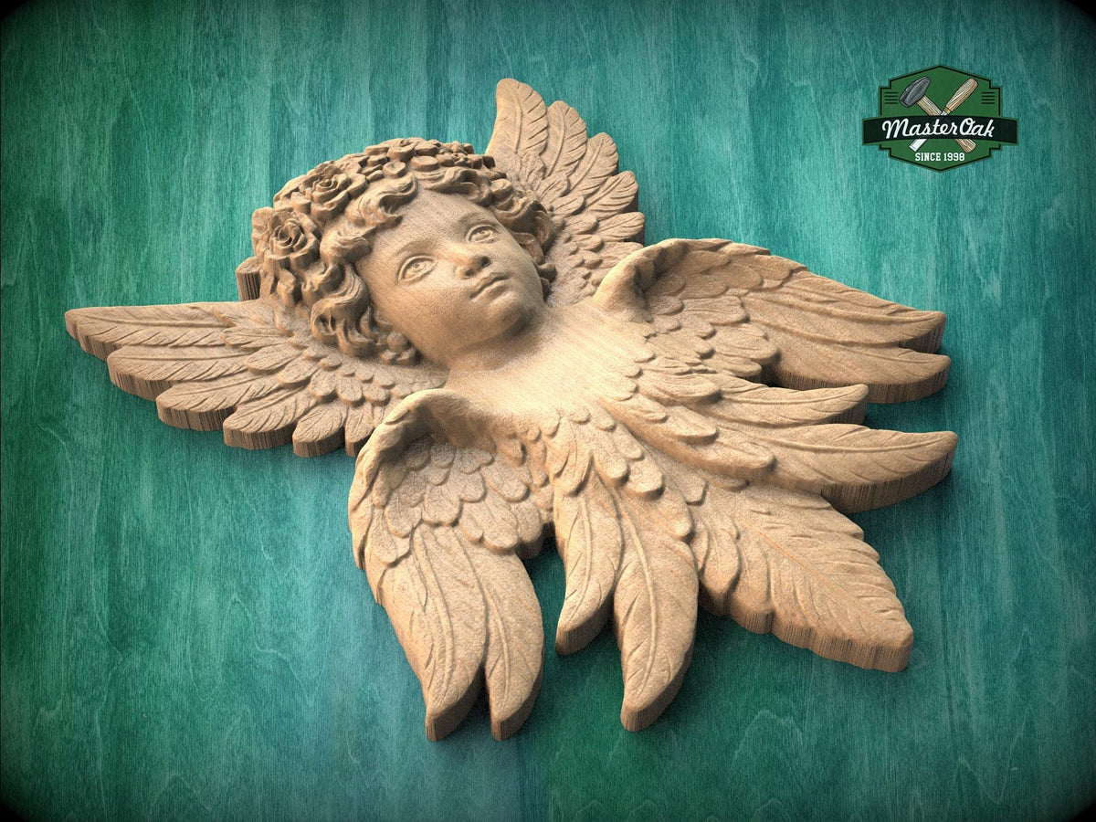 Carved Wooden Cherub Wall Onlay – Angel Relief with Wings Decorative Applique