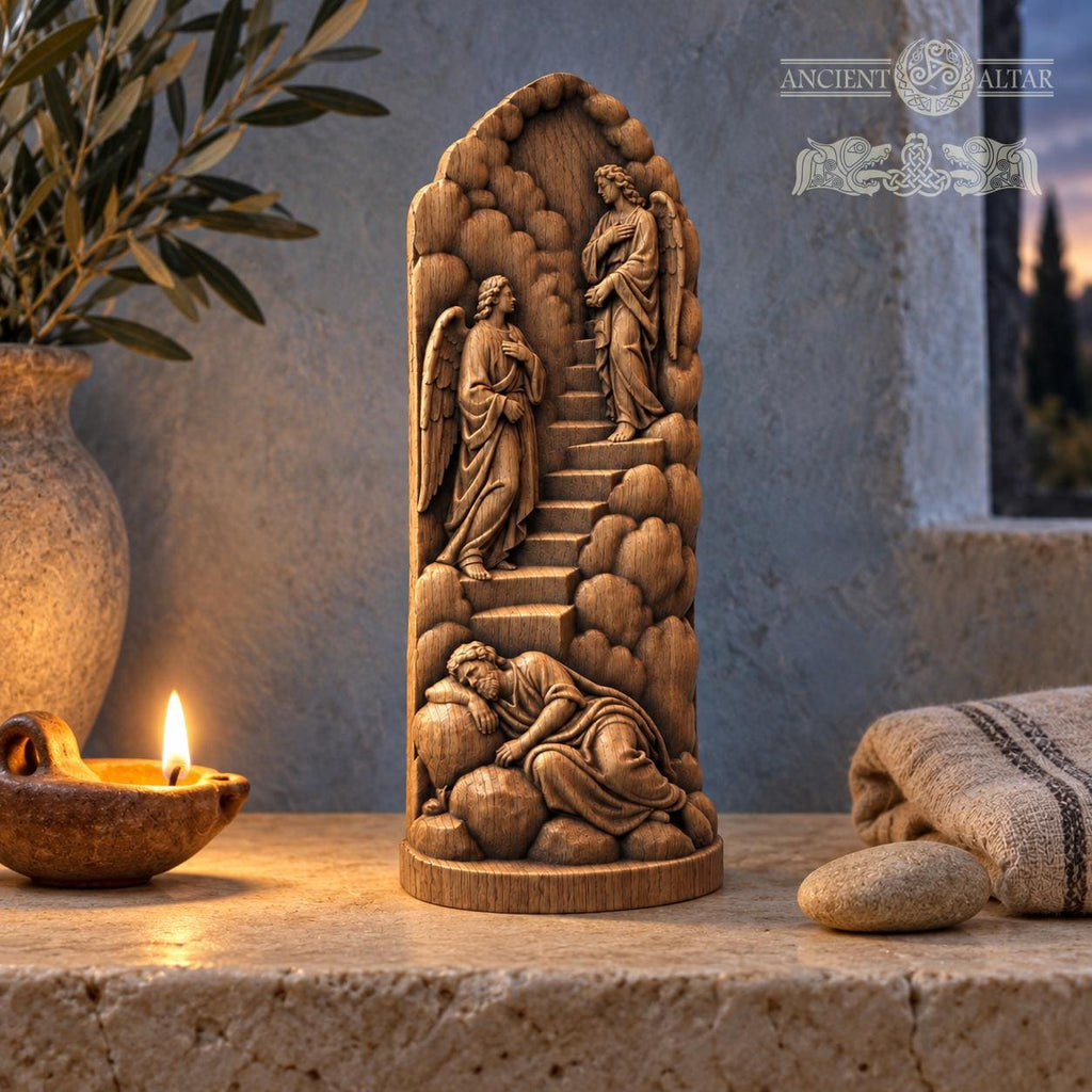 Jacob's Ladder Oak Wood Sculpture, Sleeping Jacob and Angels Relief, Biblical Dream Scene, Judaica Decor, Religious Gift