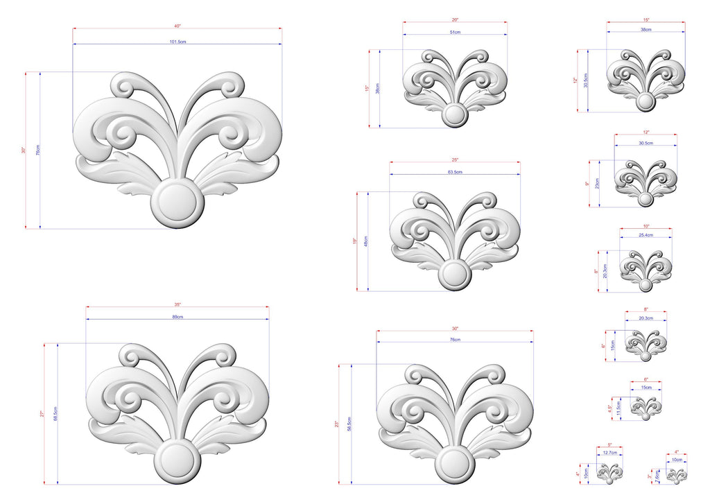 a collection of various sizes of decorative white floral designs, each accompanied by its own set of measurements. The designs are arranged in a grid format, with each row representing a different size and the columns representing the different types of designs. The image does not contain any text or additional elements that would require a more detailed description.