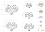 a collection of various sizes of decorative white floral designs, each accompanied by its own set of measurements. The designs are arranged in a grid format, with each row representing a different size and the columns representing the different types of designs. The image does not contain any text or additional elements that would require a more detailed description.