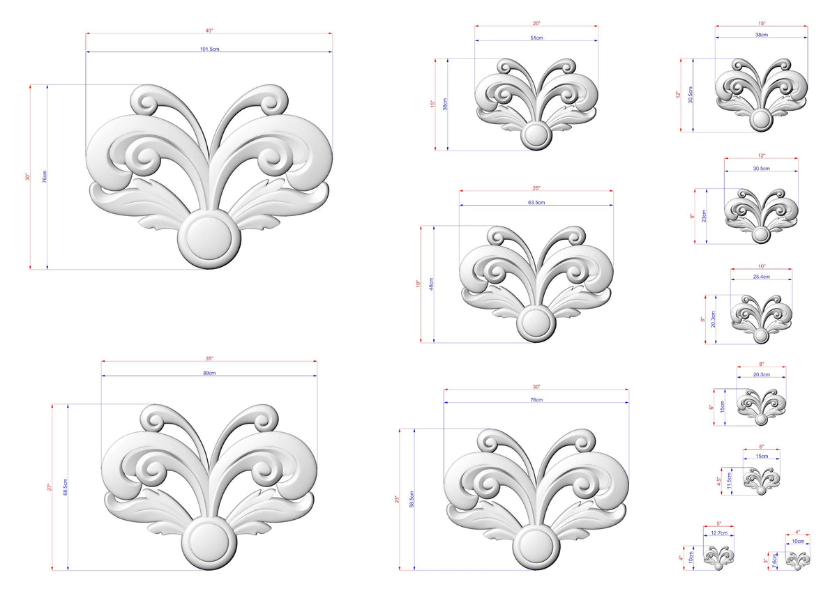 a collection of various sizes of decorative white floral designs, each accompanied by its own set of measurements. The designs are arranged in a grid format, with each row representing a different size and the columns representing the different types of designs. The image does not contain any text or additional elements that would require a more detailed description.