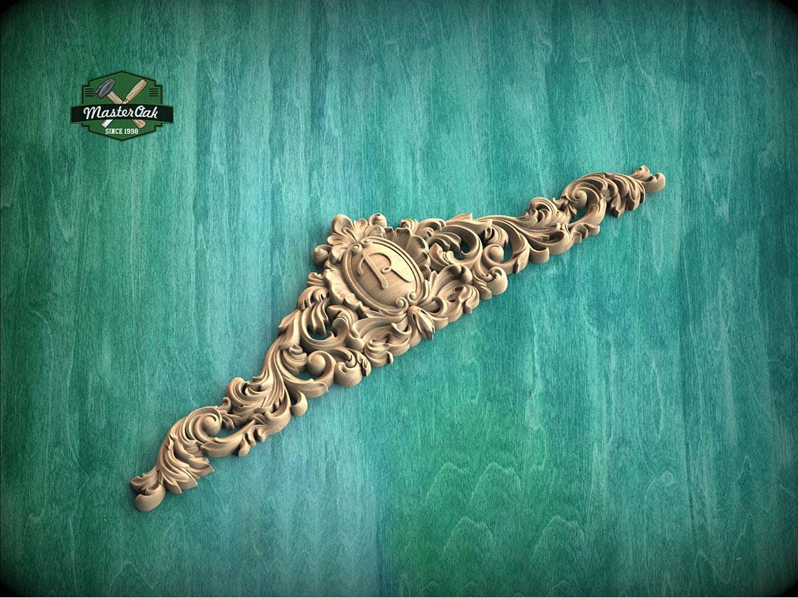 Personalized Carved Regal Crest Wooden Applique, Baroque Scrollwork Elegance, 1pc, Home Wall Embellishments, Furniture Carving