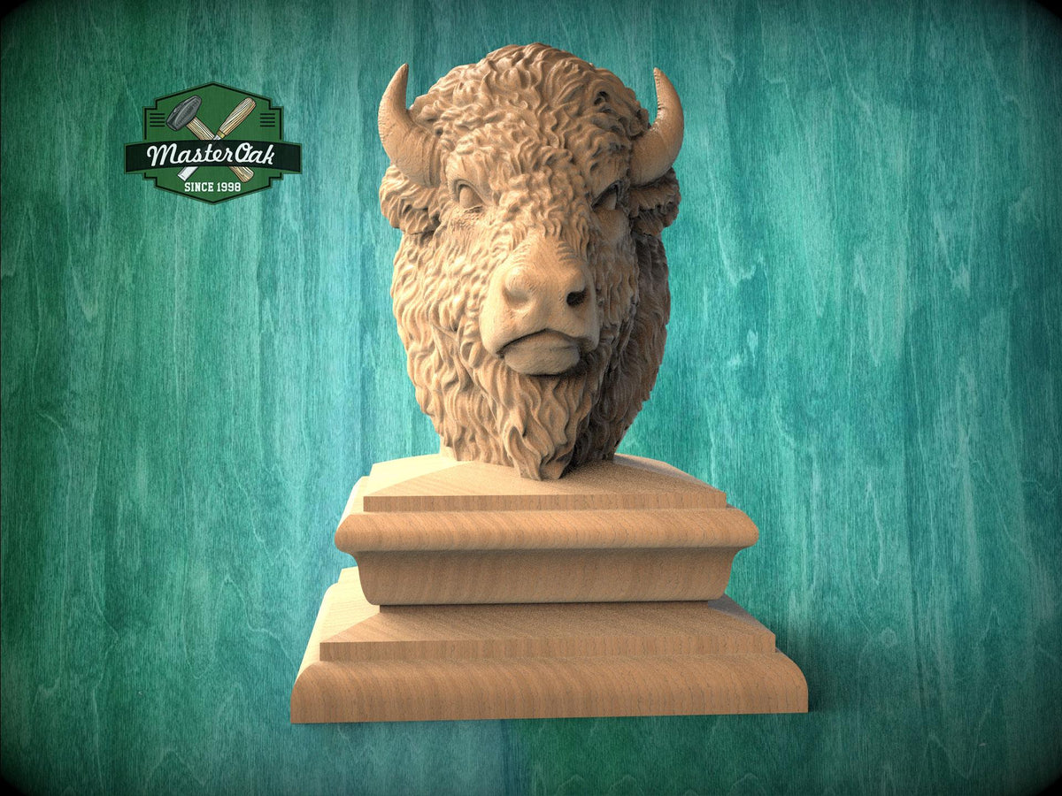 Carved Bison Newel Finial – Wooden Buffalo Head for Bed Post or Stair Post