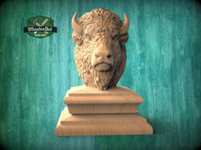 Load image into Gallery viewer, Carved Bison Newel Finial – Wooden Buffalo Head for Bed Post or Stair Post
