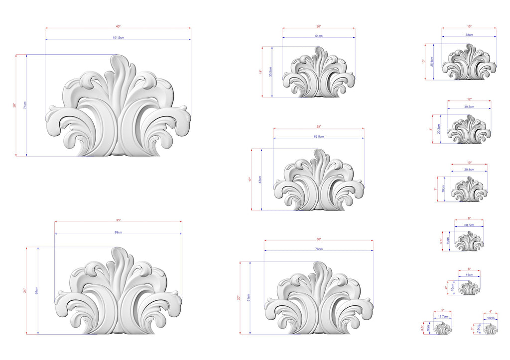 a collection of stylized, decorative white sculptures or designs, each accompanied by a set of measurements in centimeters. The sculptures vary in size and shape, showcasing a range of artistic styles and dimensions.