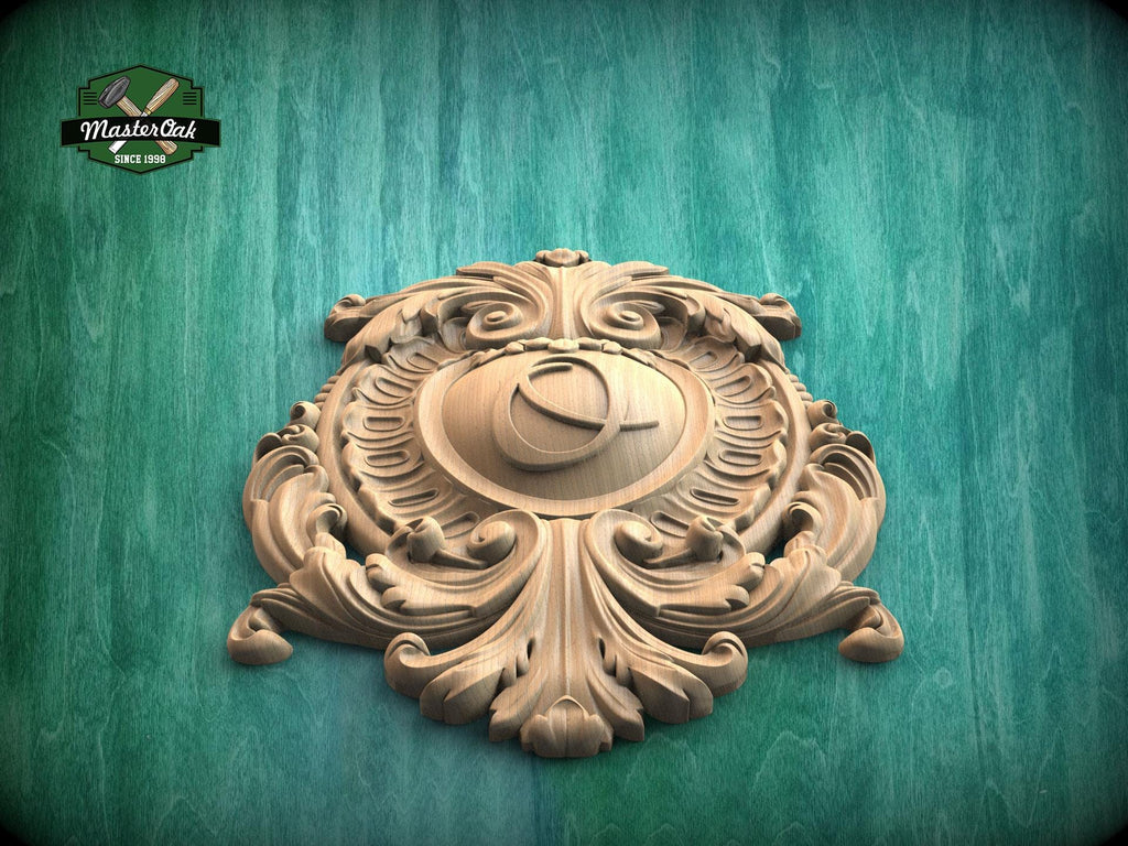 Personalized Classic Wooden Shield Onlay, Artisanal Baroque Flourishes for Interiors, 1 pc, Unpainted, Home Wall Decor, wooden trims