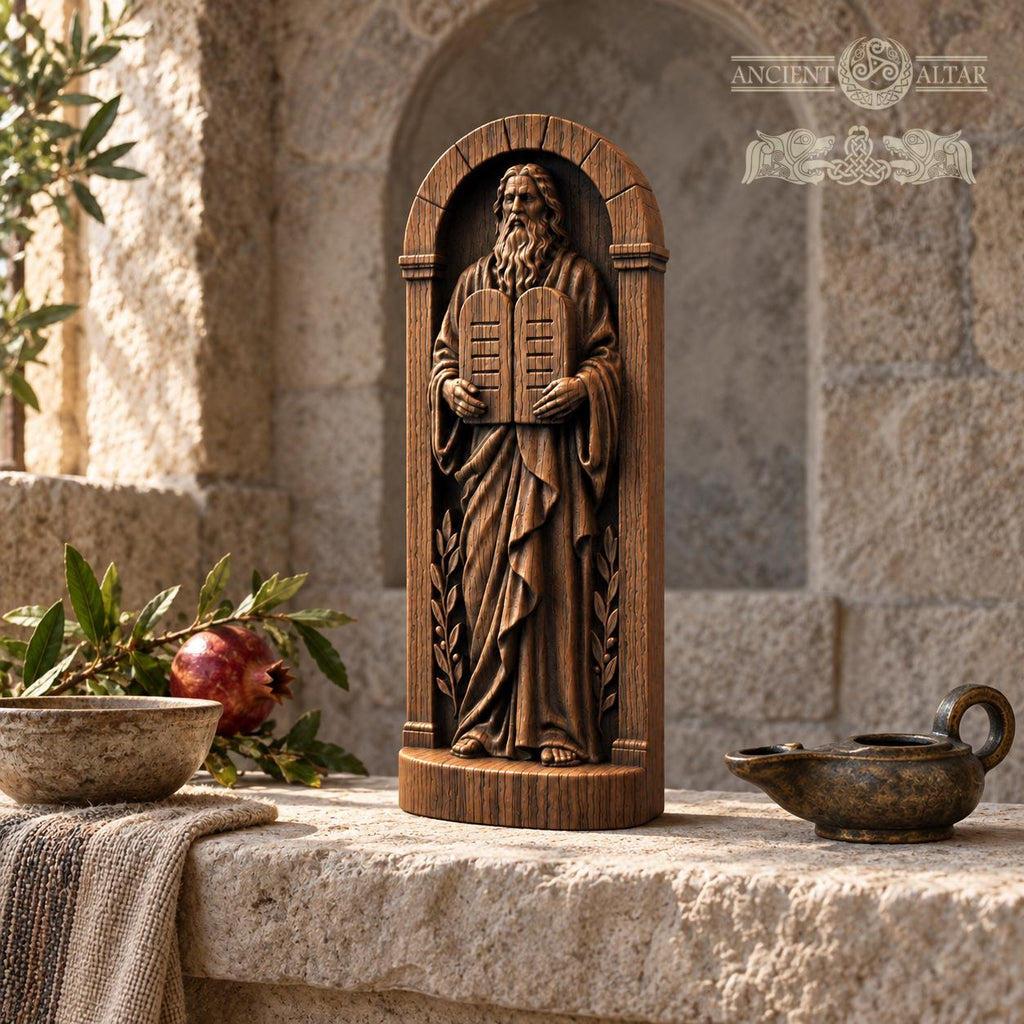 Moses with Ten Commandments Statue, Solid Oak Biblical Sculpture, Tablets of the Law, Judaica Home Decor, Religious Gift