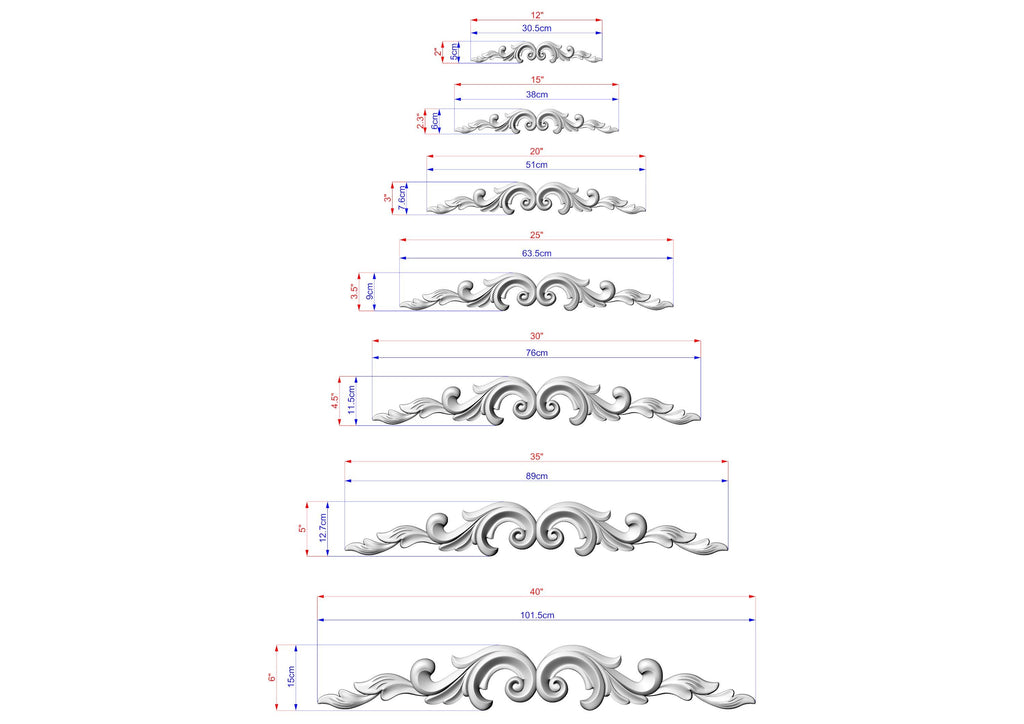 a series of six different designs or patterns, each with its own set of measurements and dimensions. The designs are arranged in a descending order, starting from the largest to the smallest. The image provides a clear visual representation of the sizes and proportions of the various patterns, allowing for a better understanding of the design elements.