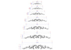 a series of six different designs or patterns, each with its own set of measurements and dimensions. The designs are arranged in a descending order, starting from the largest to the smallest. The image provides a clear visual representation of the sizes and proportions of the various patterns, allowing for a better understanding of the design elements.
