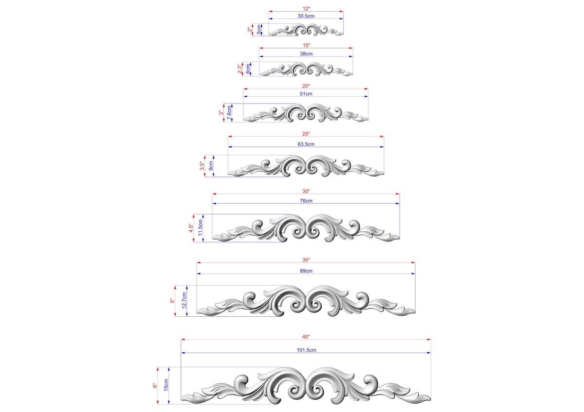 a series of six different designs or patterns, each with its own set of measurements and dimensions. The designs are arranged in a descending order, starting from the largest to the smallest. The image provides a clear visual representation of the sizes and proportions of the various patterns, allowing for a better understanding of the design elements.