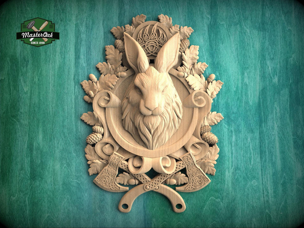 Carved wooden hare wall decor plaque with detailed woodland design in rustic style