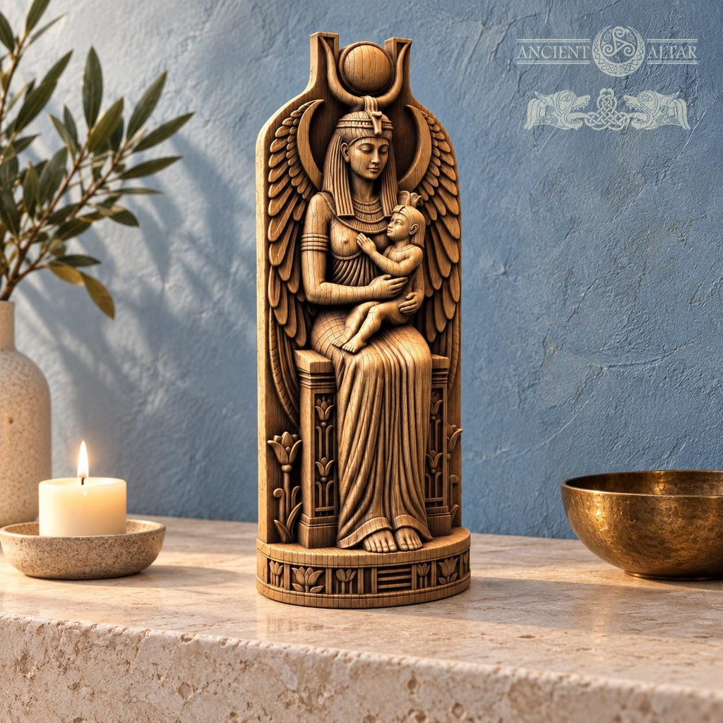 Isis and Horus Figurine, Egyptian Mother and Child Statue, Oak Wood Altar Decor, Seated Goddess Sculpture, Kemetic Gift