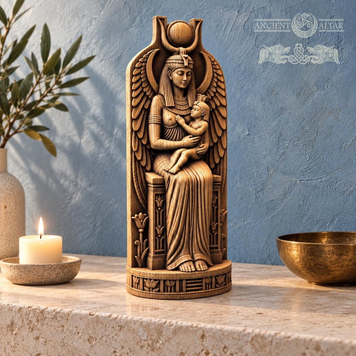 Isis and Horus Figurine, Egyptian Mother and Child Statue, Oak Wood Altar Decor, Seated Goddess Sculpture, Kemetic Gift