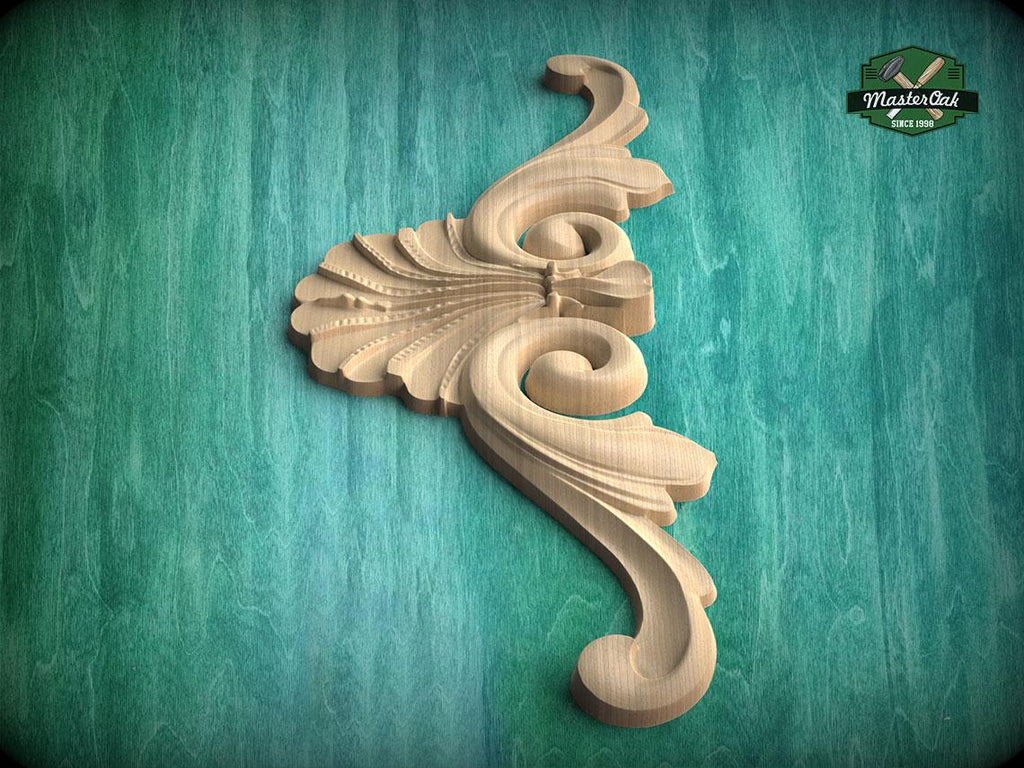 A decorative wooden carving with an intricate, swirling design is displayed against a green background.