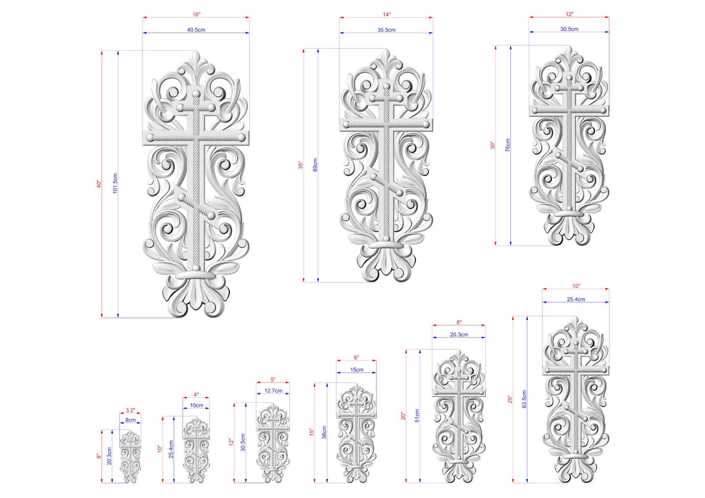 several ornate crosses with intricate designs, each accompanied by its own set of measurements. The crosses vary in size, ranging from small to large, and are displayed in a grid format. The measurements are provided in centimeters, allowing for a clear visual representation of the size differences between the crosses.