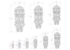 several ornate crosses with intricate designs, each accompanied by its own set of measurements. The crosses vary in size, ranging from small to large, and are displayed in a grid format. The measurements are provided in centimeters, allowing for a clear visual representation of the size differences between the crosses.