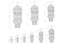Load image into Gallery viewer, several ornate crosses with intricate designs, each accompanied by its own set of measurements. The crosses vary in size, ranging from small to large, and are displayed in a grid format. The measurements are provided in centimeters, allowing for a clear visual representation of the size differences between the crosses.
