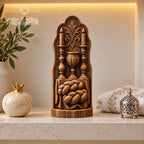Shabbat Table Oak Wood Sculpture, Challah Kiddush Cup and Candles Relief, Judaica Home Decor, Jewish Wedding Gift