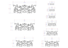 Load image into Gallery viewer, a series of ornate, decorative designs with intricate floral and scrollwork patterns. The designs are presented in various sizes, ranging from small to large, and are accompanied by detailed measurements in millimeters. The image does not contain any text or additional elements that would require further description.
