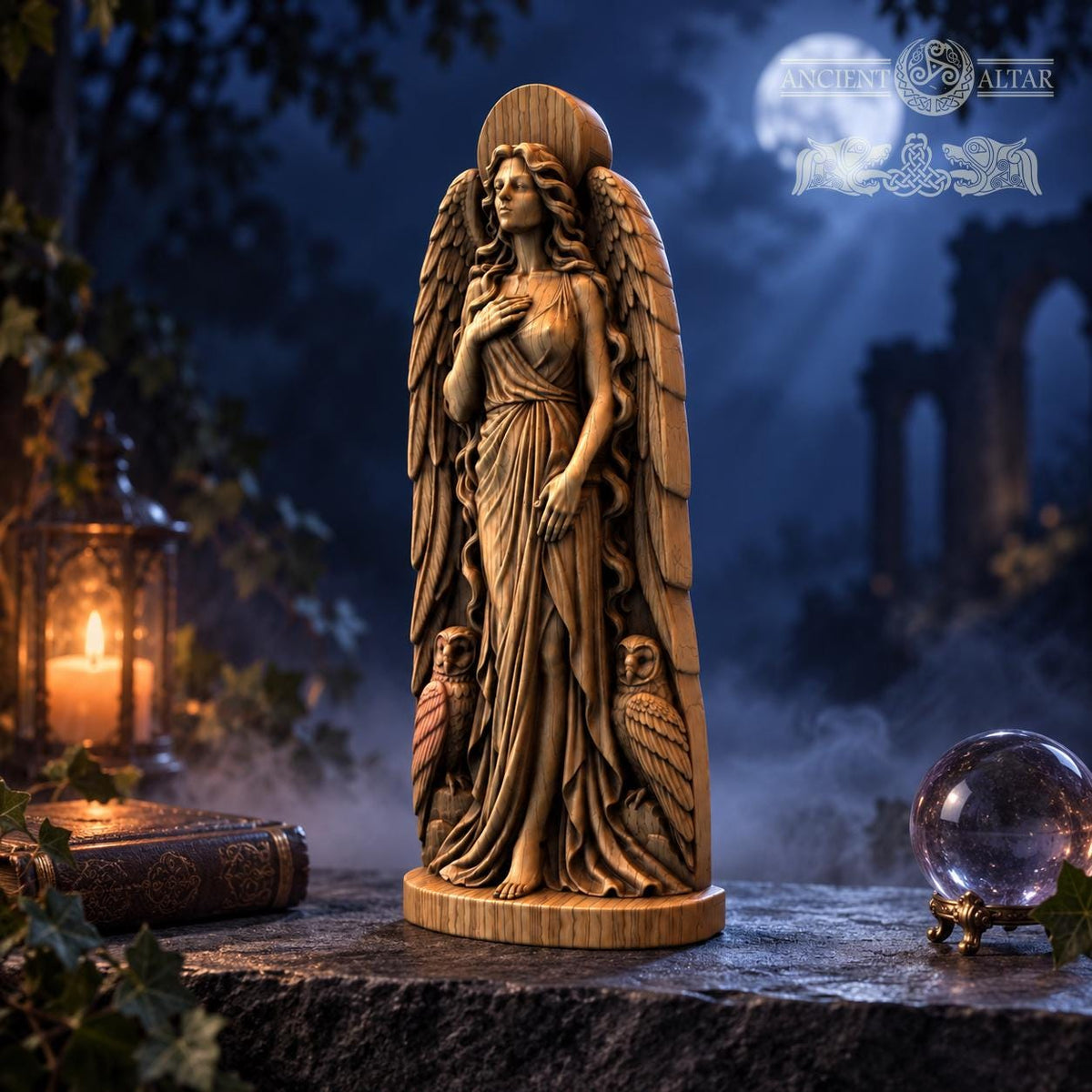 Lilith Owl Statue, Wooden Dark Goddess Figurine, Winged Goddess Altar Decor, Moon and Owl Sculpture, Occult Pagan Gift
