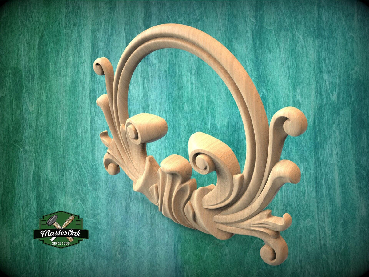 Rococo Natural Wood Onlay with Circular Motif - Central Scroll and Circle Decor, 1 pc, Unpainted, Home Wall Embellishments, wooden trims