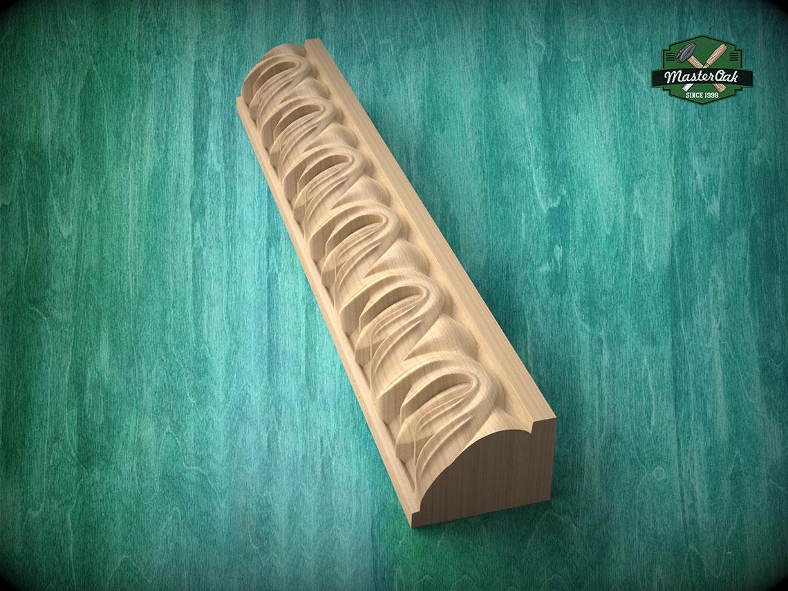 A wooden carving with a curved, organic shape is displayed against a green background.