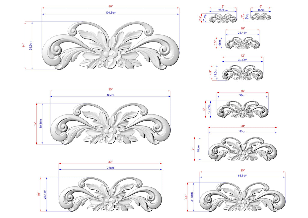 a collection of nine different sizes of ornate, decorative elements, likely representing a design or pattern. The elements are depicted in a 3D style, with measurements provided for each size. The image is a collage of various sizes, showcasing the intricate details and craftsmanship of the design.