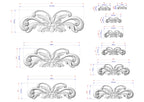 a collection of nine different sizes of ornate, decorative elements, likely representing a design or pattern. The elements are depicted in a 3D style, with measurements provided for each size. The image is a collage of various sizes, showcasing the intricate details and craftsmanship of the design.
