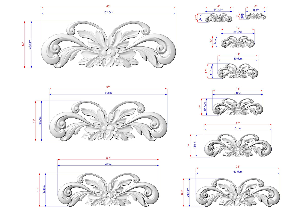 a collection of nine different sizes of ornate, decorative elements, likely representing a design or pattern. The elements are depicted in a 3D style, with measurements provided for each size. The image is a collage of various sizes, showcasing the intricate details and craftsmanship of the design.